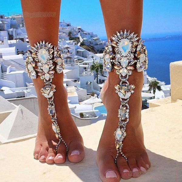 

women barefoot sandals wrap anklet bracelet with shiny crystal bohemia anklets summer beach foot chain jewelry gift for her vacation wedding, Red;blue