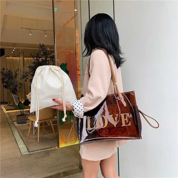 

women fashion transparent pvc handbag female clear brown shoulder bag love letter printing tote bags summer beach handbags