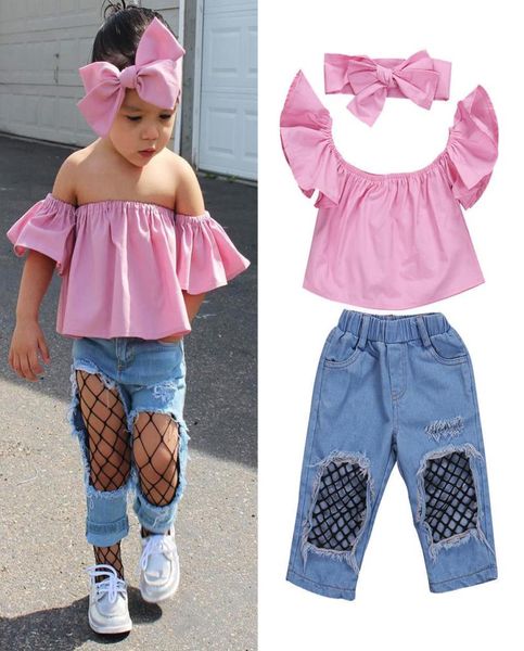 

stylish toddler kids girls clothes off shoulder ripped denim pants headband 3pcs outfits set y2008295009801, White