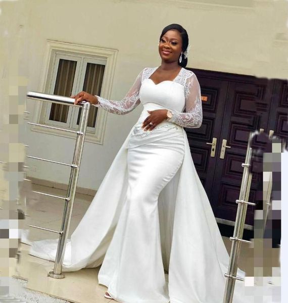 

gorgeous satin mermaid wedding dress with detachable train ruched 2021 crochet beaded long sleeve country boho beach bridal gowns 4601491, White