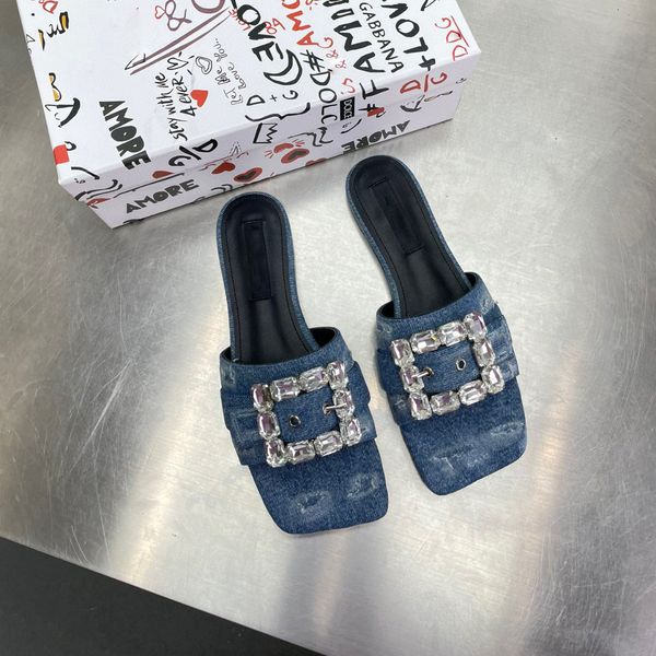 

patchwork denim jeans crystal-embellished slides slippers mule sandals flat heels square open toe women's luxury designerscasual fashio, Black