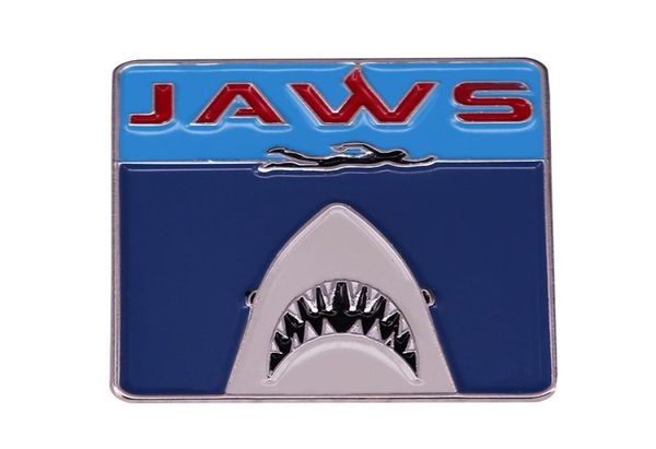 

jaws movie poster enamel pin swimming over shark mouth brooch steven spielberg fans perfect collection5050496, Blue
