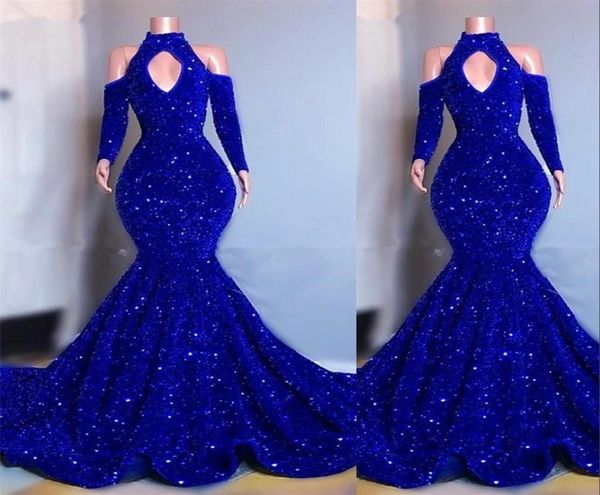 

blue evening dresses sparkling sequins long sleeves mermaid prom dress elegant off shoulder women formal party wear custom ma8628443, Black;red