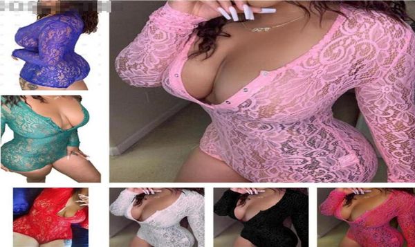 

women lingerie jumpsuit 2021 v neck lace bodysuit women slim fit romper short pants button long sleeve for women clothing by17685252, White
