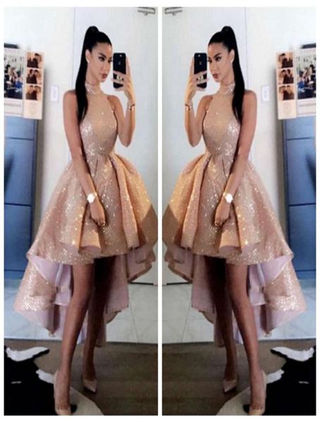 

bling bling sequins rose gold high neck prom dresses 2020 short front long back sleeveless formal party evening gowns vestido5288963, Black