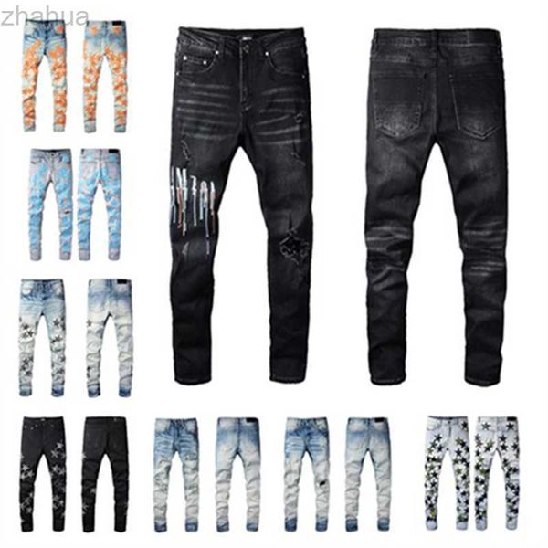 

jeans designer mens denim embroidery pants fashion holes trouser us size 28-40 hip hop distressed zipper trousers for male 2022 sell, Blue