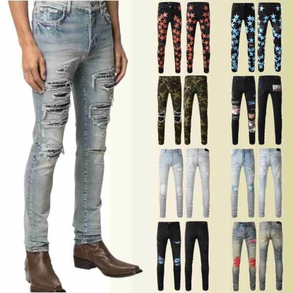 

distressed men's ripped skinny jeans fashion mens motorcycle moto long off cotton slim feet high street denim light blue paste cloth ho