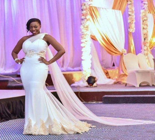 

white and gold lace one shoulder mermaid wedding dress with cape 2019 modern fashion african bridal gowns custom made plus size7093154