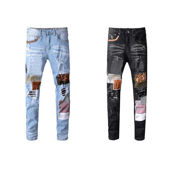 

mens designer classic skinny am jeans printed destruction men street motorcycle ripped black and blue jean