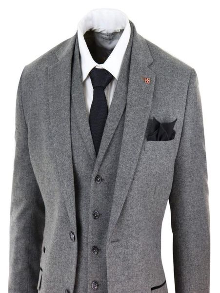 

mens dark grey herringbone tweed 3 piece suits peaky blinders wool suit wool tweed suit jacket vest pants custom made wedding tuxe2030982, Black;gray