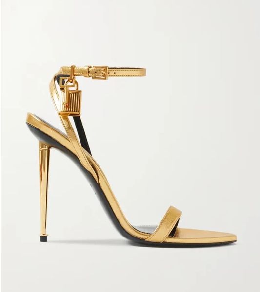 

22s elegant brand women padlock pointy naked sandals shoes hardware lock and key women metal stiletto heel party dress wedding eu35-43 tom-f, Black