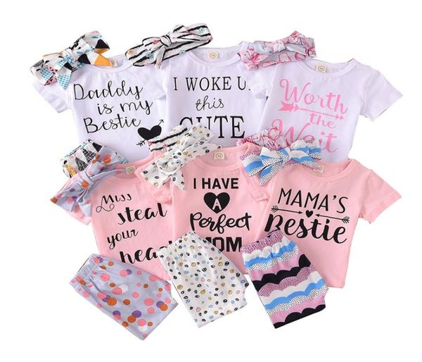 

baby girls cartoon outfits 6 style letter tshirts infant toddler baby clothes sets striped pants dots floral trousers with headba3572787, White