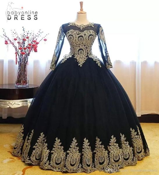 

elegant black gold lace ball gown quinceanera dresses sheer long sleeves applique beaded sweet 16 year floor length prom party eve7937874, Blue;red