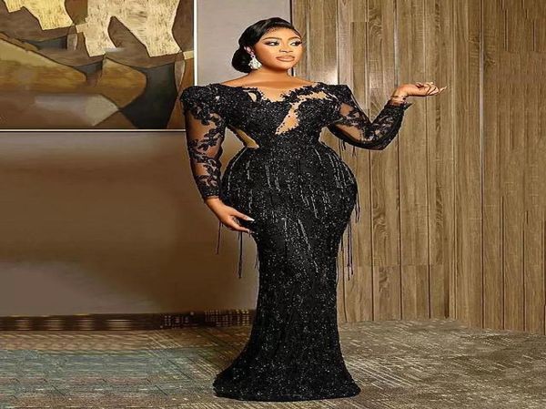 

2022 aso ebi arabic plus size evening dresses black luxurious mermaid prom dress lace beaded tassel sheer neck formal party second3699166, Black;red