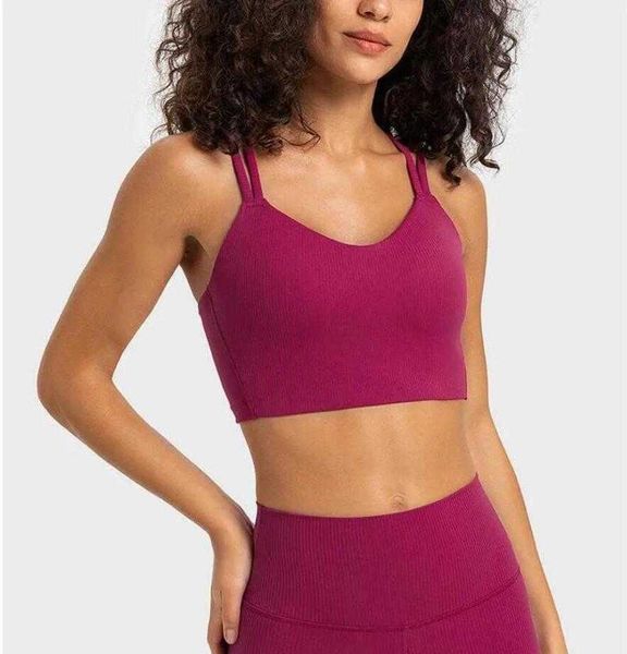 

lu-366 stripped rib fixed cup sports bra cross back fashion short tank camis gym clothes women underwear, White;red