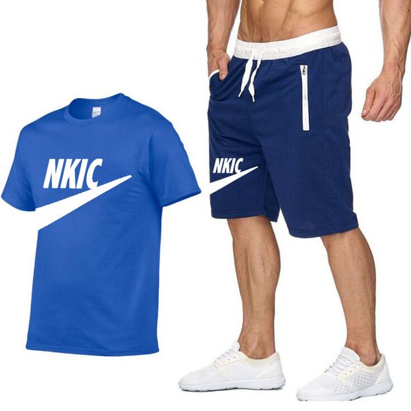 

summer brand logo men's 100% cotton blue t-shirt shorts set plus size 2xl men's sportswear tracksuit 2 piece o neck short sleeve, Gray