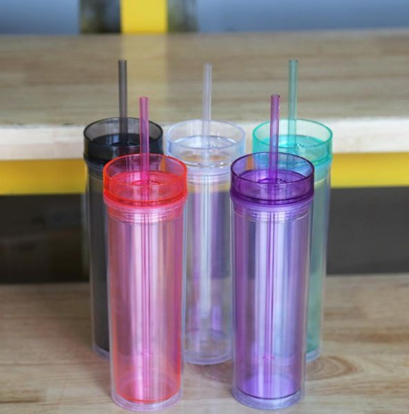 

6 colors 16oz skinny acrylic tumbler with straw double wall clear plastic cup bpa straight water bottles acrylic travel cup m1294454