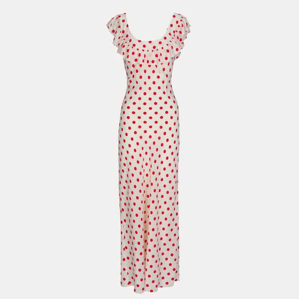 

2023 spring summer new women's chiffon ruffle edge long dress red wave dot print dress, White