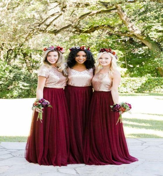 

2019 sparkly sequined burgundy bridesmaid dresses elegant two pieces tulle wedding guest gown formal party prom evening skir6268664, White;pink