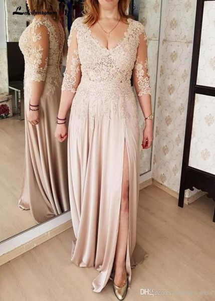 

plus size lace illusion 34 long sleeve sheath mother of the bride dresses side split formal evening gowns v neck see through part5234913, Black;red