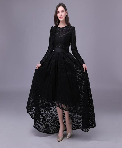 

black lace evening dresses 2020 long sleeves evening gown jewel neck high low prom dress vestido6386459, Black;red