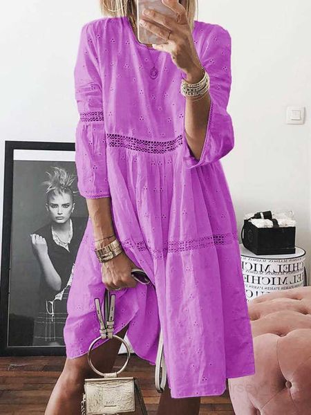 

2023 women's lace spliced hollow out embroidery 3/4 sleeve dress large long 3 8g1l, Black;gray