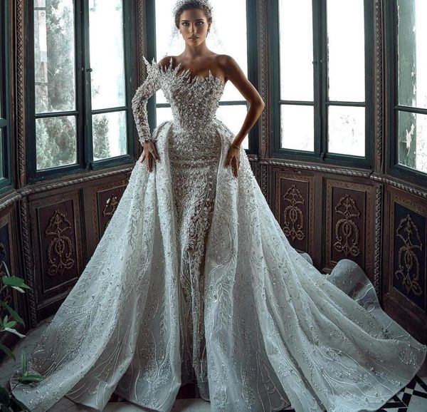 

more pearls one shoulder mermaid wedding dresses luxurious lace appliques bridal gown custom made with detachable train robes de m8710046, White
