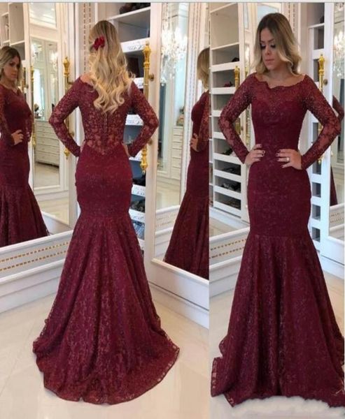 

2019 new burgundy mother of the bride dresses mermaid scoop neck long sleeves lace appliques long arabic plus size party evening g8200761, Black;red