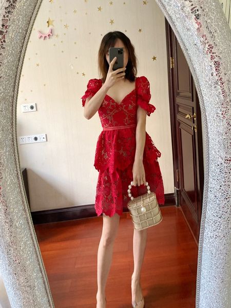

new s-elf portrait water soluble lace lace short sleeve high waist dress red and white short skirt, Black;gray