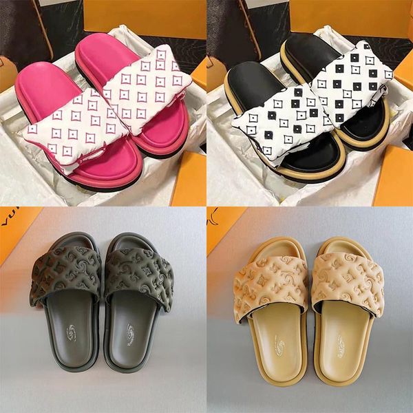 

wholesale fluffy slipper woman brand platform slides black scuff models flat sandals pool pillow mules sunset padded front strap mule house