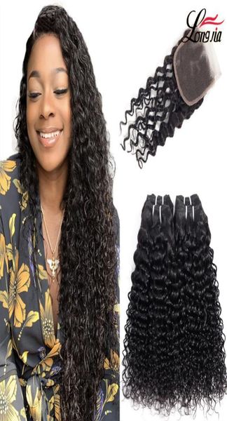

brazilian water wave hair bundles with closure natural color water wave human hair with closure 828 inch water wave virgin hair e3781609, Black