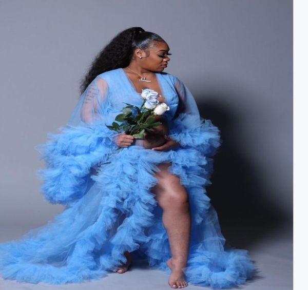 

ruffles kimono women dress light sky blue robe for poshoot extra puffy sleeves prom gowns african cape cloak maternity dress ph7926756, Black