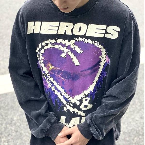 

purple print long sleeve tee men women wash streetwear hip hop t shirt, Black;brown
