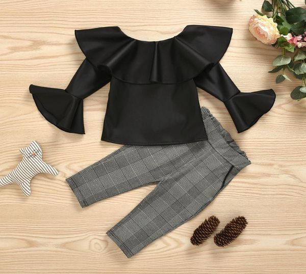 

kids girl clothes set ruffle collar leather with plaid pants 2pcs outfits trendy girl clothing4364960, White