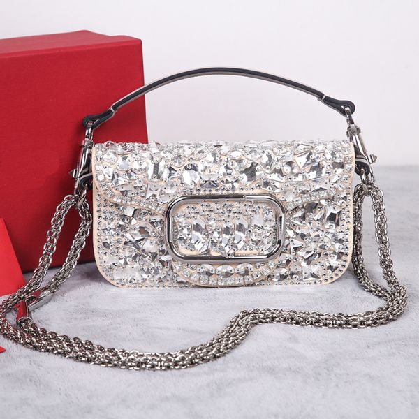 

7a crystal decor totes bag women chains handbag purse shoulder cross body bags solid colour genuine leather chain sliding buckle fashion let
