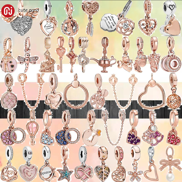 

925 silver beads charms fit pandora charm fashion rose gold color shining star pendant family love, Black