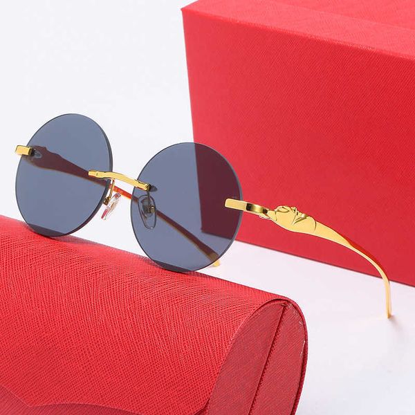 

Fashion carti top sunglasses New metal leopard head frameless Sunglasses men's fashion round frame net Red Women's glasses with original box