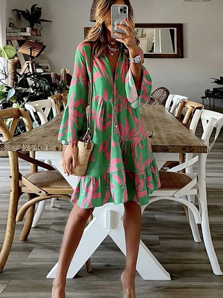 

basic casual dresses elegant boho print dress women vneck flare sleeve loose aline spring ladies vacation shirt vestidos 230706, Black;gray