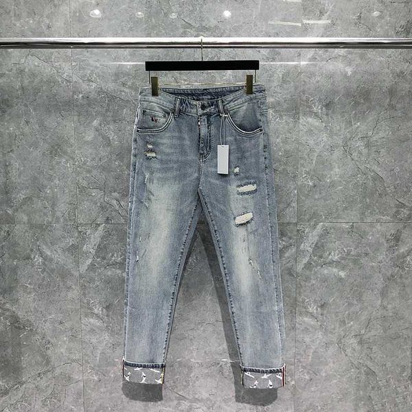 

men's jeans tb thom pants hole patch design for men trendy new high waist slimming pencil pants street stretch skinny trousers tb jeans, Blue