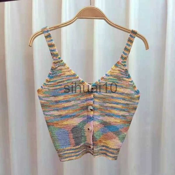 

diy tanks camis colorful striped knitted camis women spaghetti strap buttons single breasted cropped knitwear sleevelss vintage j230706, Black