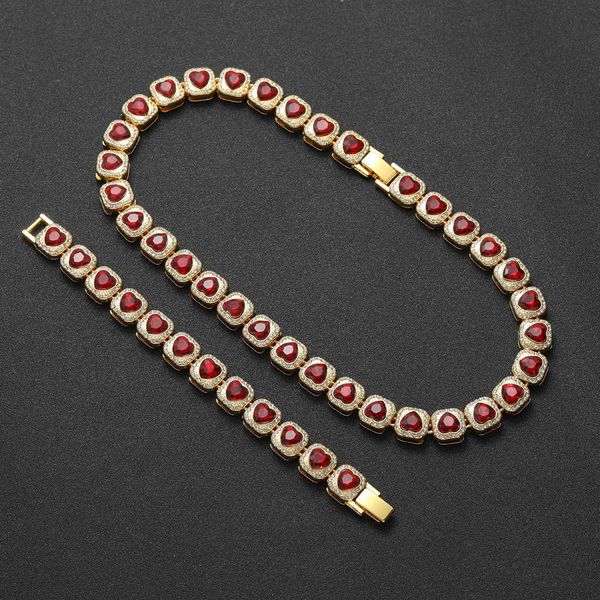 

13mm gzw hip hop new rock candy necklace red heart shaped necklace choker bracelet mens and womens alloy full diamond fashion rock candy cha, Black