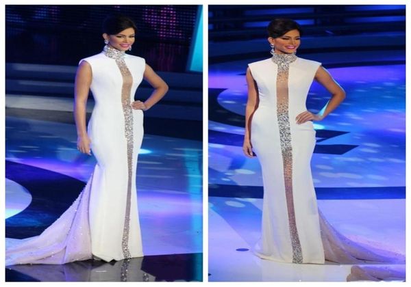 

2018 elegant high neck evening dresses white bling crystals beaded cap sleeveless tulle mermaid slim celebrity gowns formal prom g9606438, Black;red