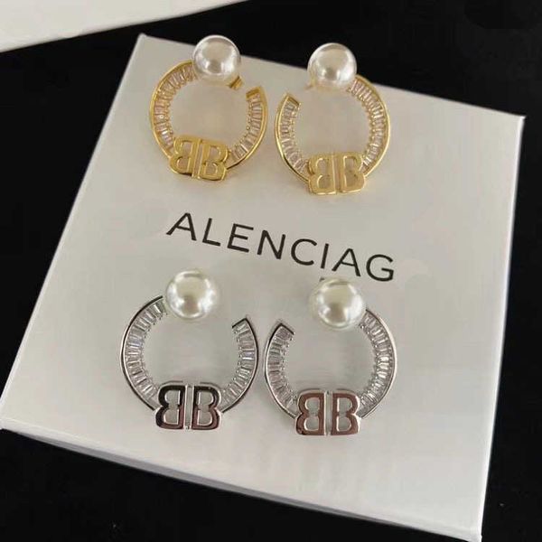 

jewelry bb earrings paris letter set with rectangle stone pearl small design brass 925 silver needle female, Golden