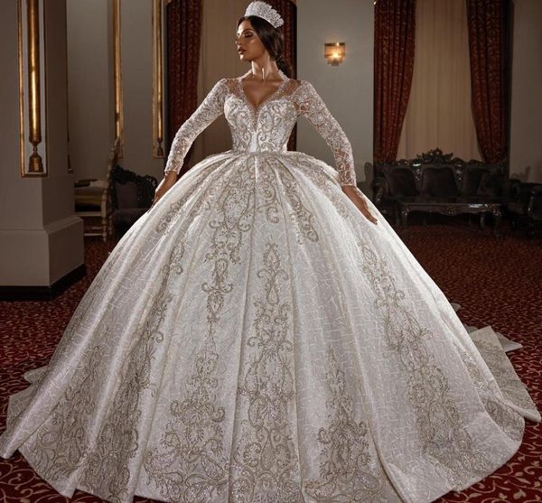 

saudi arabic vintage wedding dresses bling long sleeve ball gown lace muslim robe de mariage 20221084153, White
