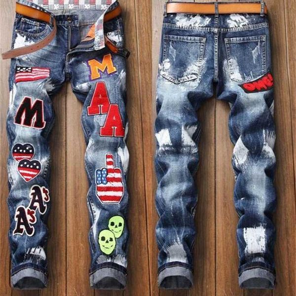 

men more badge slim fit jeans straight leg washed fashion designer sreetwear painted biker men's denim pants trousers big size 896 1dah, Black