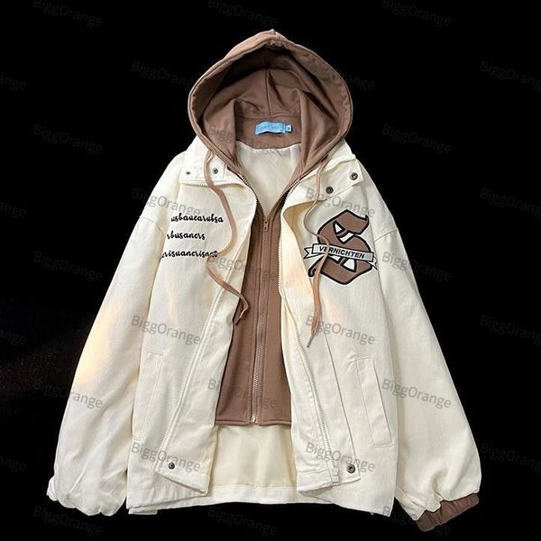 

mens jackets american street letter printing fake twopiece jacket for men and women loose bf trend brand couple style coat jackets 230705, Black;brown