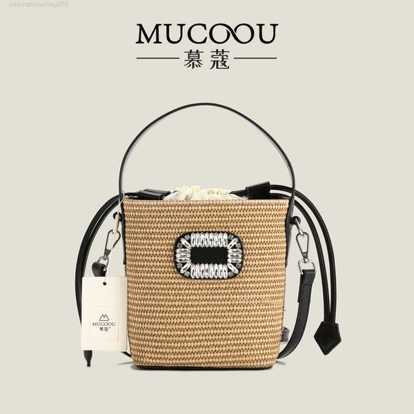 

diamond inlaid high-end woven straw bucket bag for women's bag 2023 new summer niche sen series portable one shoulder crossbody