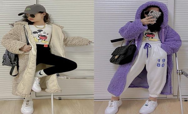 

fashion kids fleece coat girls hooded faux fur long coat winter new children thicken warm long coat a47643536867, Blue;gray