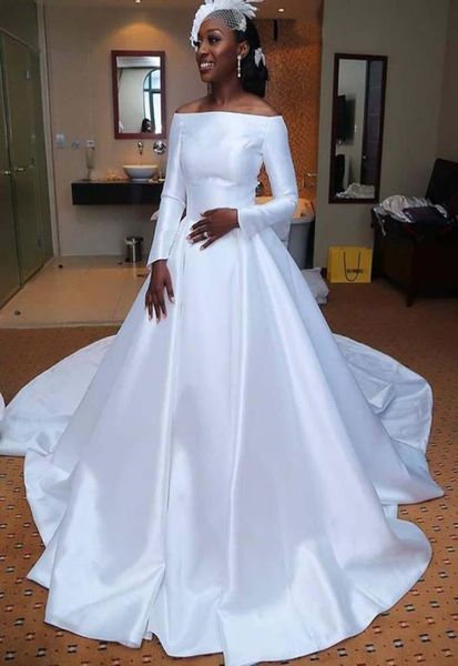 

white satin wedding dresses 2021 classic design bride long sleeve off the shoulder a line vintage bridal gowns custom plus size2478971