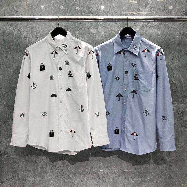 

tb thom men's oxford dress shirt new fashion umbrella embroidery design long sleeve male casual cotton shirt, White;black